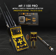 MWF MF-1100 PRO smart gold and treasure detector with advanced features, shown in use on a search site.