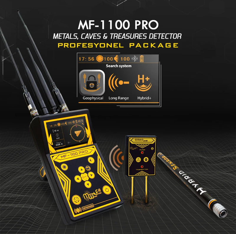 MWF MF-1100 PRO smart gold and treasure detector with advanced features, shown in use on a search site.