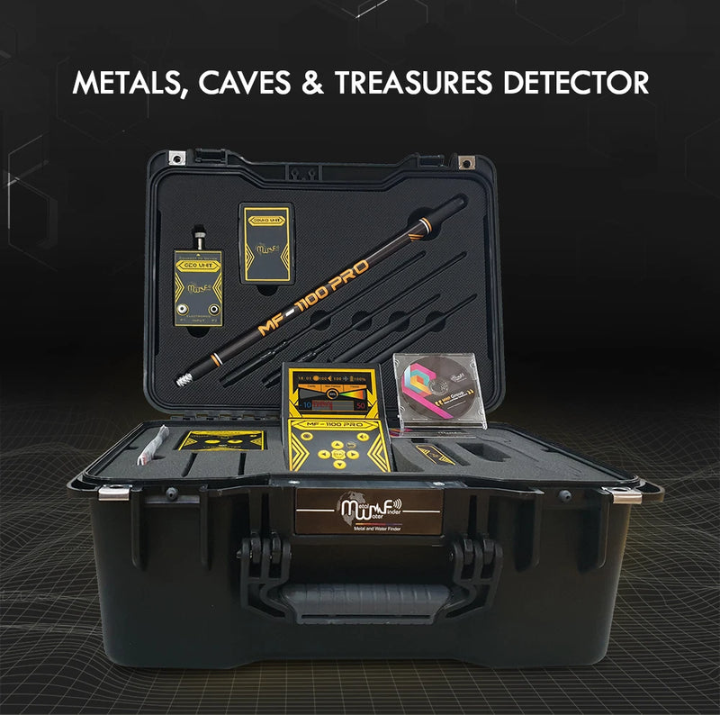 MWF MF-1100 PRO smart gold and treasure detector with advanced features, shown in a close-up of the device and search coil.