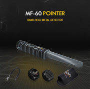 MWF MF-60 waterproof metal detector with a compact design, featuring control panel and search coil for rugged outdoor exploration.