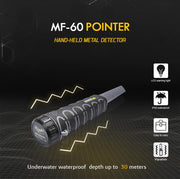 MWF MF-60 waterproof metal detector with compact design, showing search coil and control panel for rugged outdoor exploration.