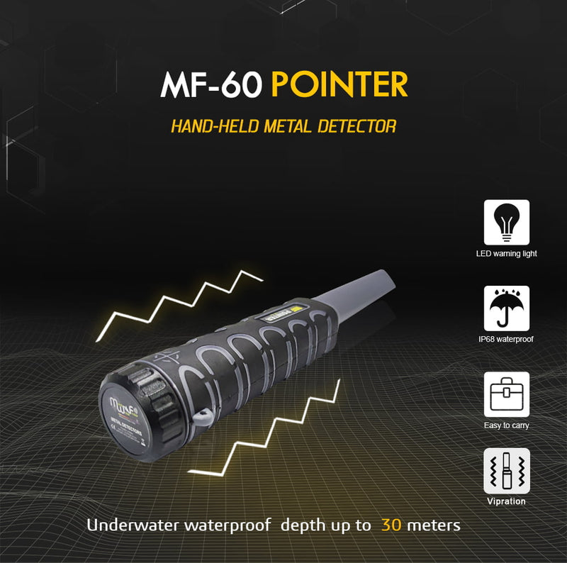 MWF MF-60 waterproof metal detector with compact design, showing search coil and control panel for rugged outdoor exploration.