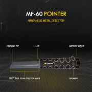 MWF MF-60 waterproof metal detector with compact design, shown in use for rugged outdoor exploration and precise metal detection.