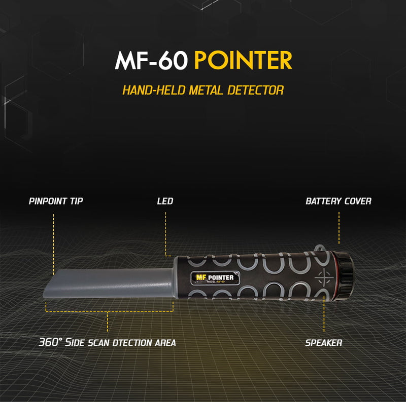 MWF MF-60 waterproof metal detector with compact design, shown in use for rugged outdoor exploration and precise metal detection.
