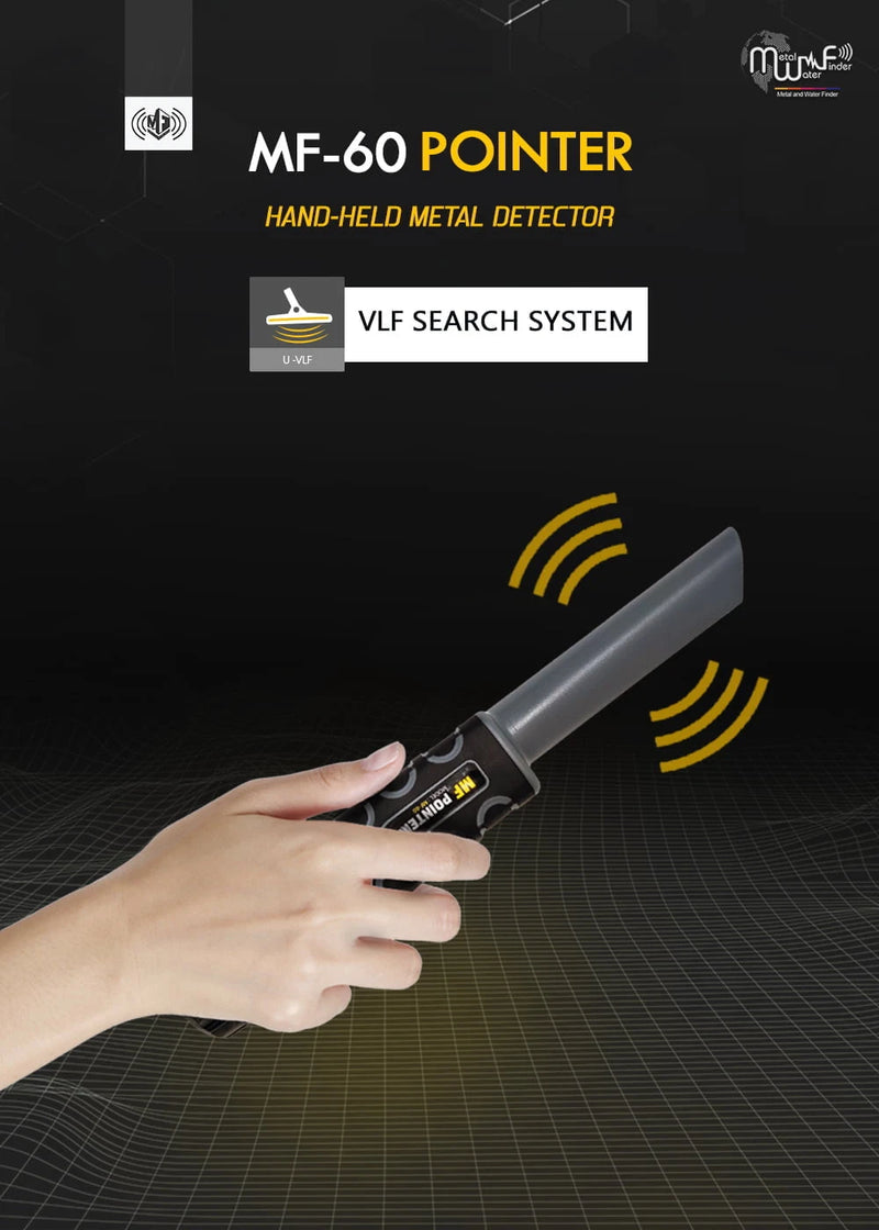 MWF MF-60 waterproof metal detector with compact design, showing control panel and search coil for rugged outdoor exploration.