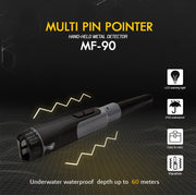 MWF MF90 Multi-Coil Metal Detector for gold and treasure detection, showing the device with control panel and search coil.