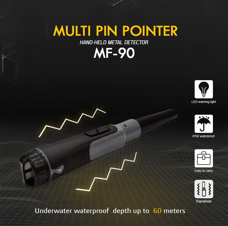 MWF MF90 Multi-Coil Metal Detector for gold and treasure detection, showing the device with control panel and search coil.