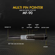 MWF MF90 Multi-Coil Metal Detector with advanced gold and treasure detection capabilities on a black background.