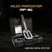 MWF MF90 Multi-Coil Metal Detector for gold and treasure detection, showing the device with control panel and search coil.