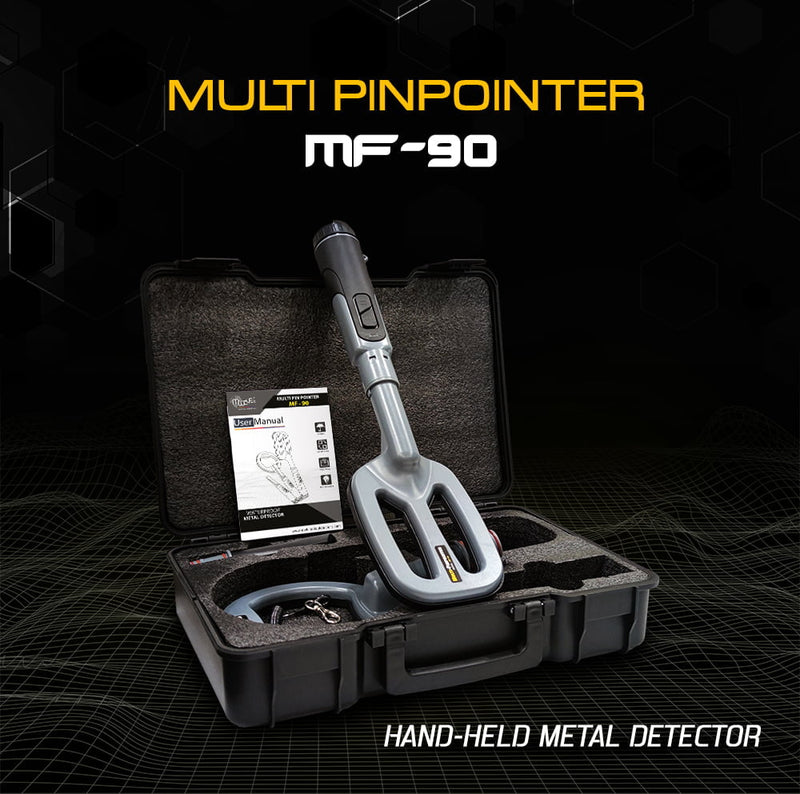 MWF MF90 Multi-Coil Metal Detector for gold and treasure detection, showing the device with control panel and search coil.