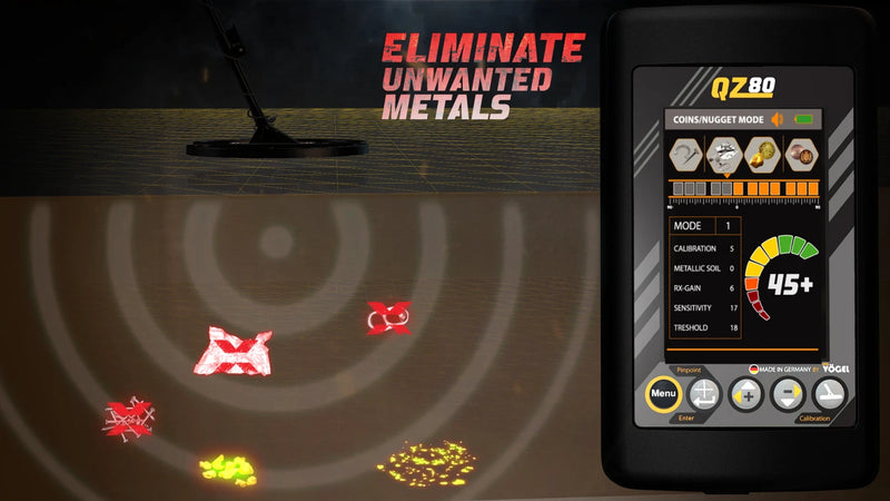 MWF QZ80 Advanced Gold and Metal Detector treasure finder with display screen and search coil for detecting gold and metals.