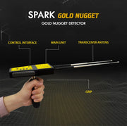 MWF Spark Gold Nugget Detector long-range locator system showing the device and its control panel for gold prospecting.