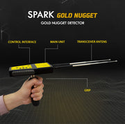 MWF Spark Gold Nugget Detector, a long-range locator system for finding gold nuggets, featuring a compact handheld design.