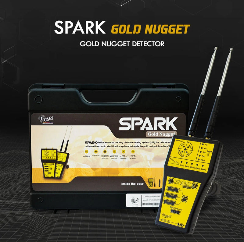 MWF Spark Gold Nugget Detector long-range locator system, handheld device with control panel for gold prospecting and metal detection.