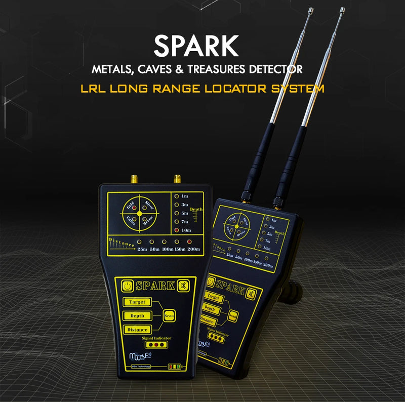 MWF Spark Gold & Treasures Detector with 200m long-range search capability, shown with control unit and search coil.