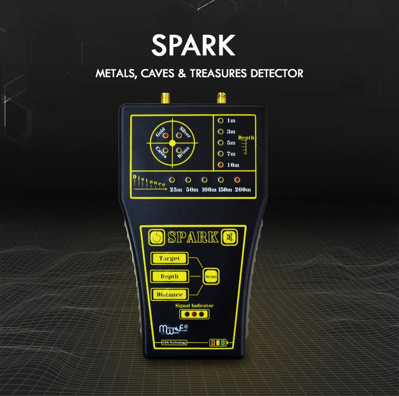 MWF Spark Gold & Treasures Detector with 200m long-range search capability, featuring a sleek handheld metal detector design.