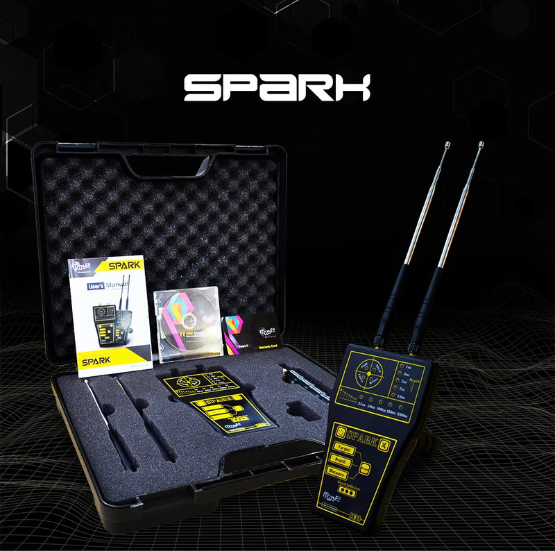 MWF Spark Gold & Treasures Detector showcasing a long-range search device with a sleek design for detecting valuables up to 200 meters.