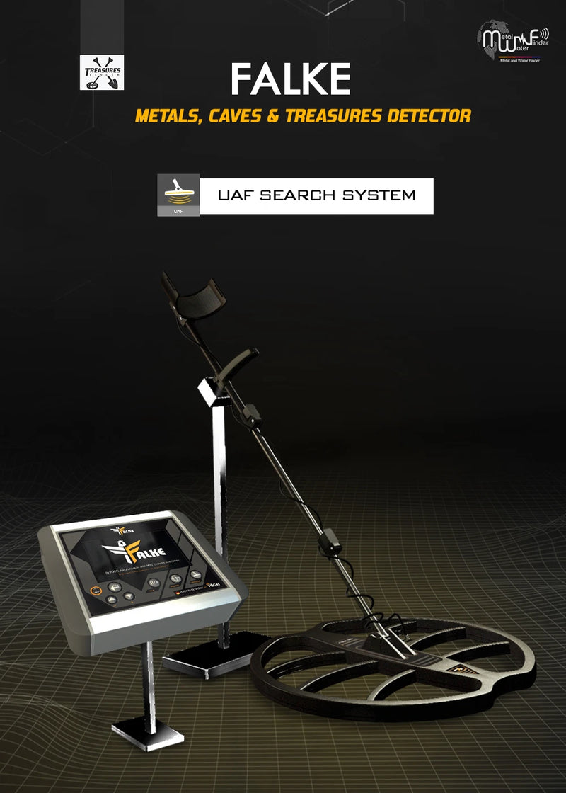 MWF Falke Advanced Metal Detector with control panel and search coil for detecting hidden treasures outdoors.