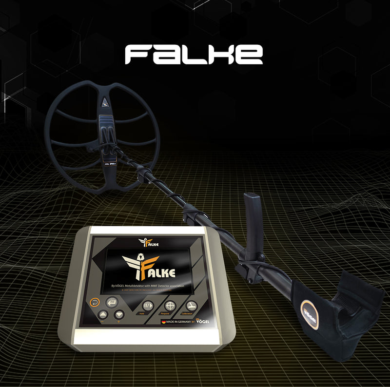 MWF Falke Advanced Metal Detector with digital display and search coil for uncovering hidden treasures in the ground.