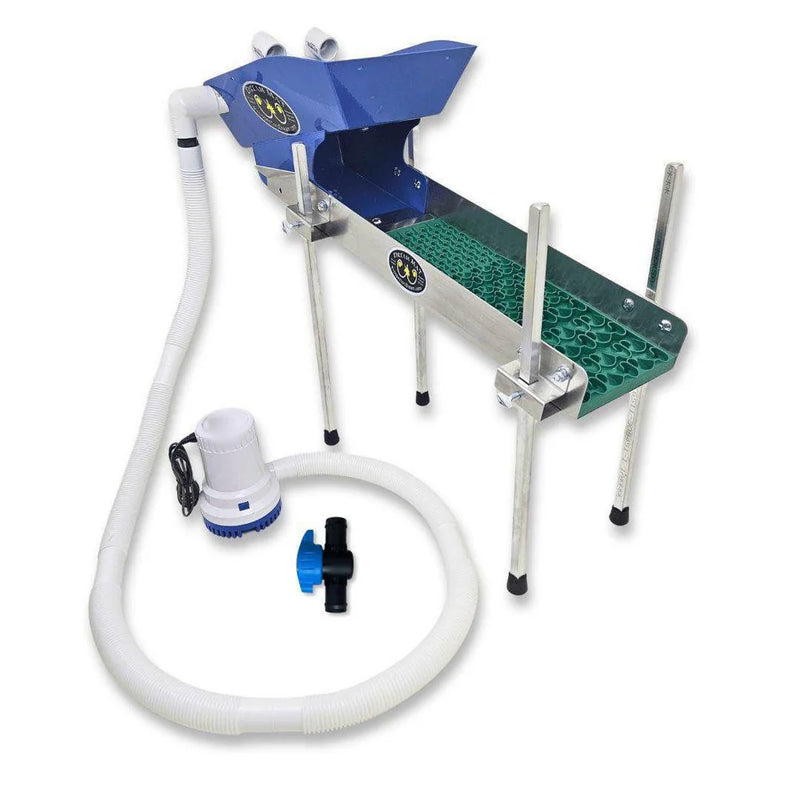 Prospector Dream 6x24 highbanker sluice box with Dream Mat for gold mining, featuring a pump and sturdy legs.