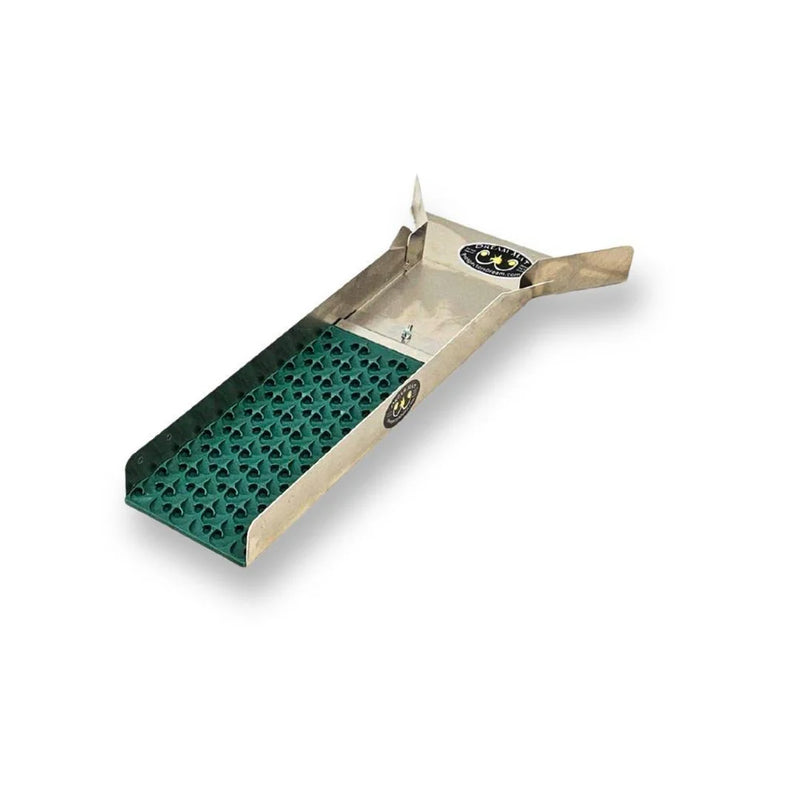 Prospector Dream 6x24 transformer sluice box with Dream Mat for gold mining, shown folded with adjustable legs and gold recovery features.