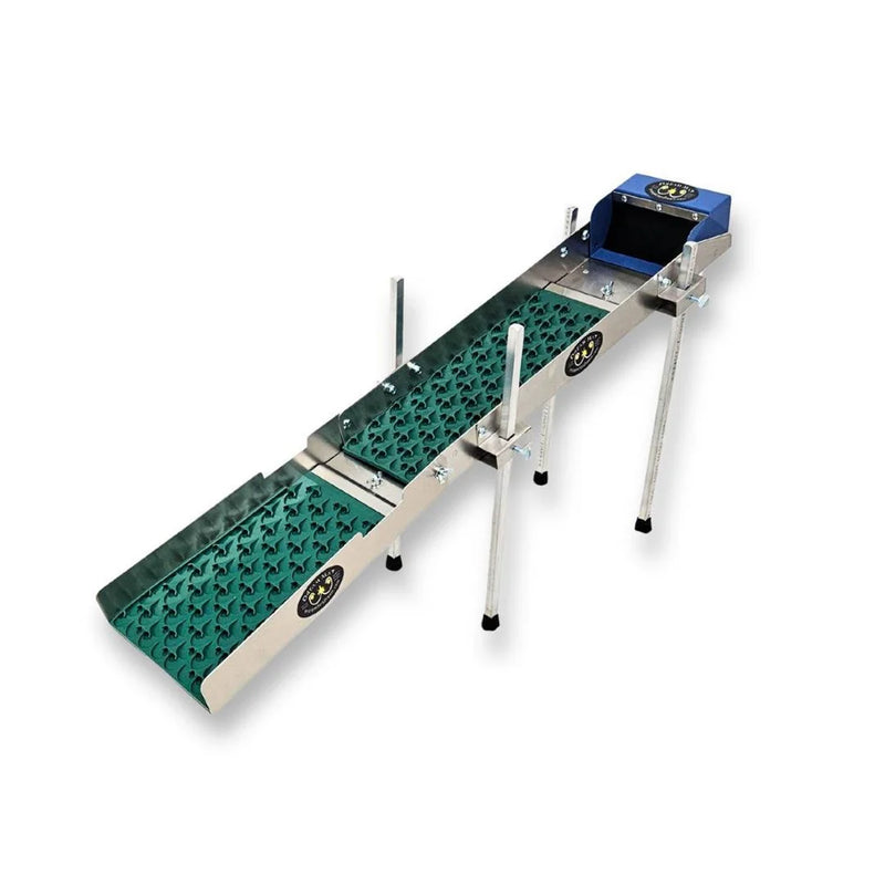 Prospector Dream 6x24 transformer sluice box with Dream Mat for gold mining, shown folded with gold pan and equipment.