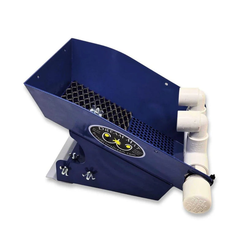 Prospector Dream 6-inch highbanker hopper for sluice box, gold mining equipment, with metal frame and adjustable feed tray.