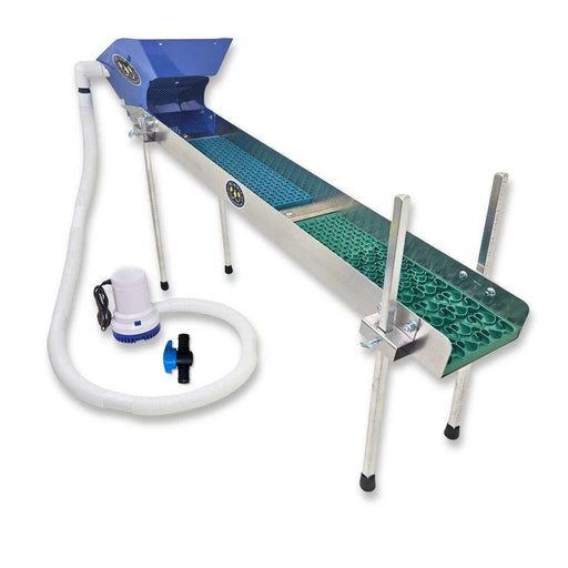 Prospector Dream 6x42 highbanker sluice box with double Dream Mat for gold mining, featuring micro combo legs and pump setup