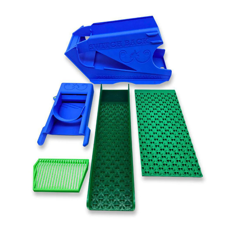 Prospector Dream Switchback Clean-Up Sluice Box Kit with Dream Mat for gold prospecting, showing compact sluice and gold recovery features.