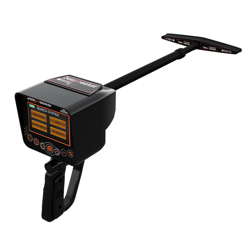 UIG Deep Seeker device for detecting gold, metals, and treasures, with a digital display and ergonomic handle.