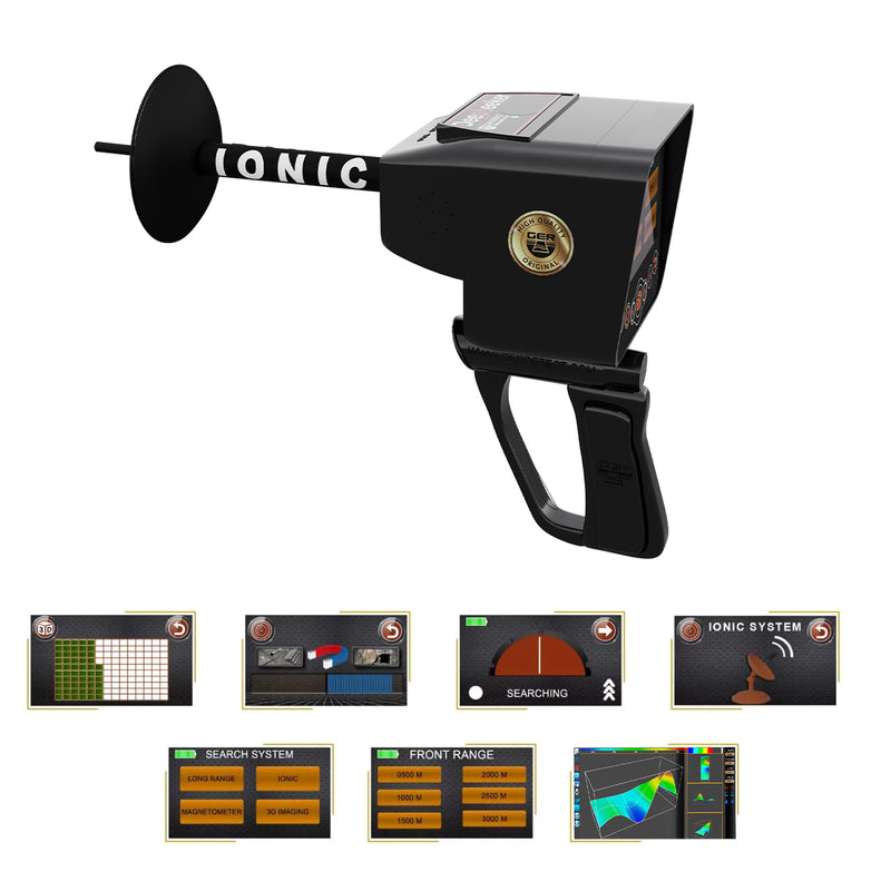 UIG Deep Seeker device for detecting gold, metals, and treasures, with a handheld metal and treasure detector in use.