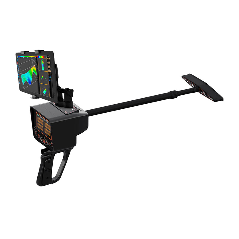 UIG Deep Seeker device for detecting gold, metals, and treasures, shown with control panel and search coil in use.