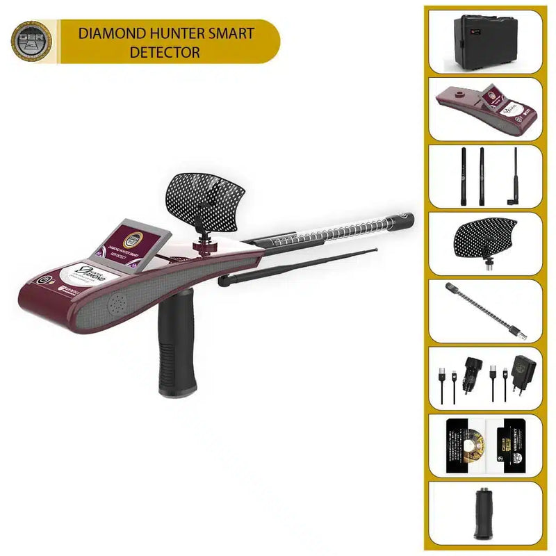 UIG Diamond Hunter smart device with gemstone and diamond detector showing detecting screen and device buttons.