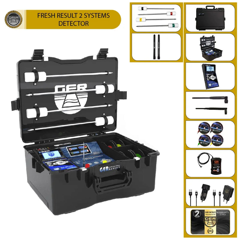 UIG Fresh Result 2 Systems underground water detector device showing screen and detection sensors in use.
