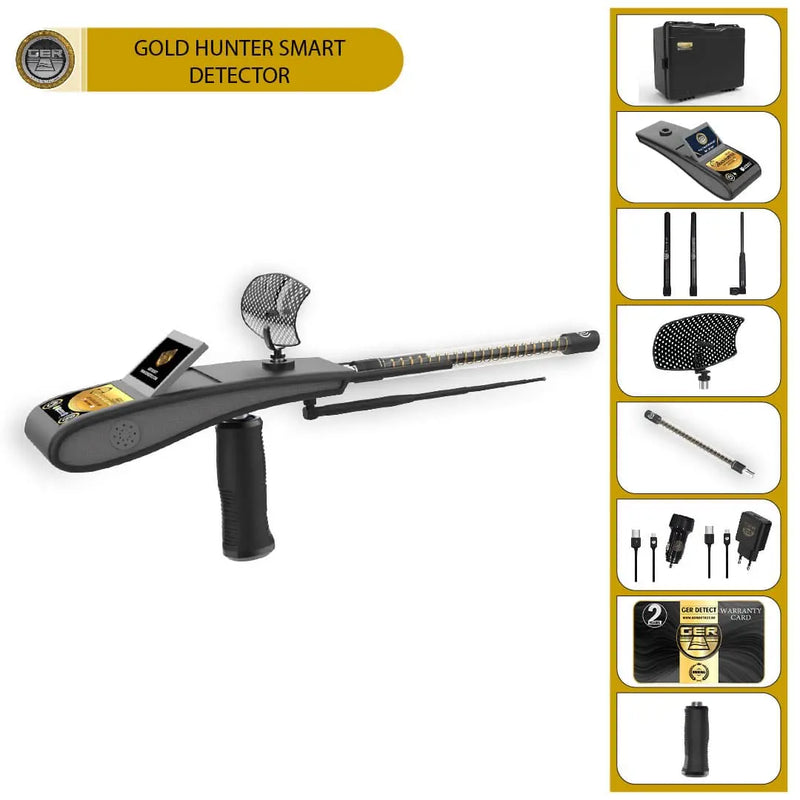 UIG Gold Hunter smart device in gold color with metal, diamond, and cavity detection features, shown with its screen and controls.