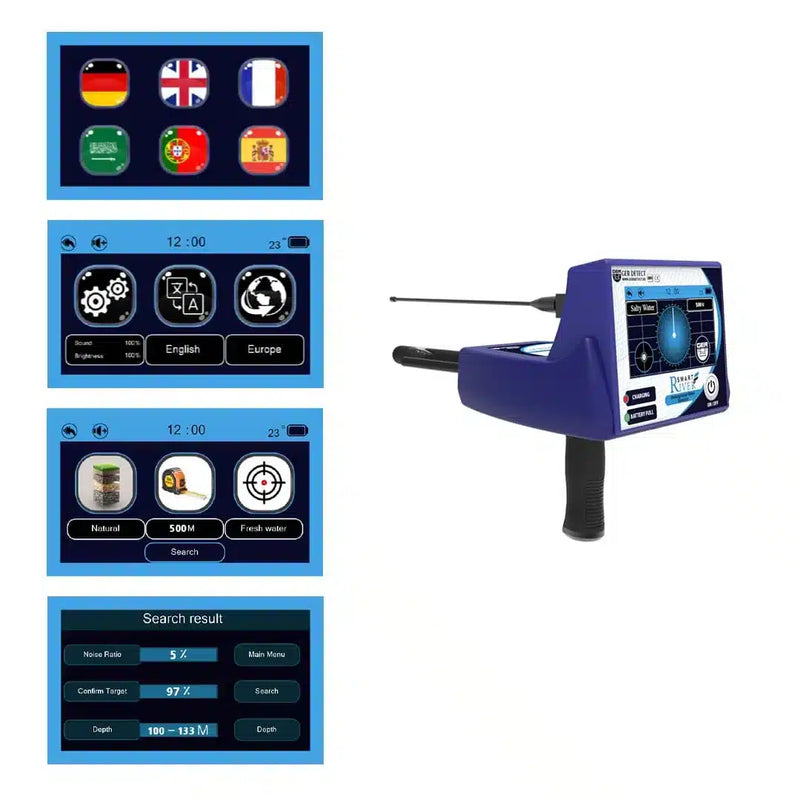 UIG River-F Smart Device water finder showing a handheld device with digital display for detecting water sources over long distances.
