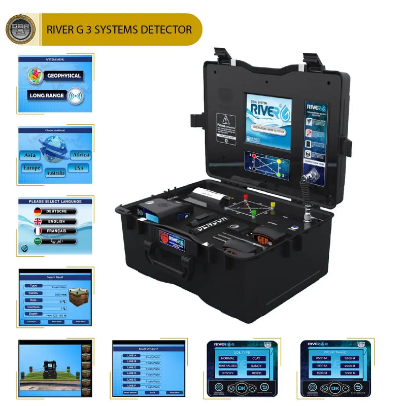 UIG River-G 3 Systems underground water detector device, showing the handheld unit with control panel and sensors for water detection.