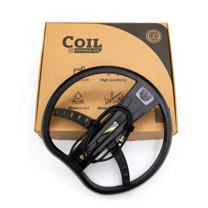 UIG 18-inch searchcoil for UIG Gold Digger metal detector, showing a circular coil with black and gray design.