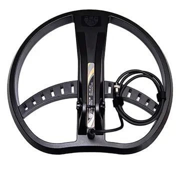 UIG MT18 search coil for metal detectors, black and silver, with wiring and mounting brackets visible.
