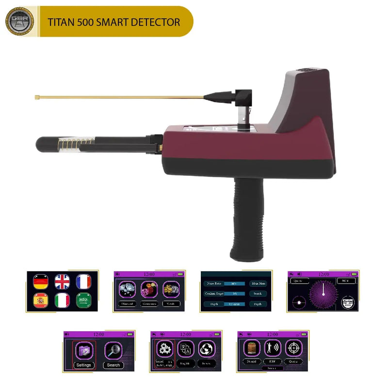 UIG Titan 500 smart device in gold, featuring metal, gemstone, and diamond detection with a sleek design and digital display.