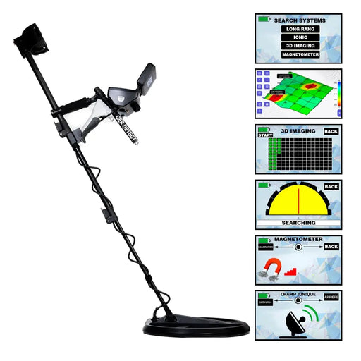 UIG Titan GER 1000 metal detector device for detecting precious metals and buried treasures, with control panel and search coil.