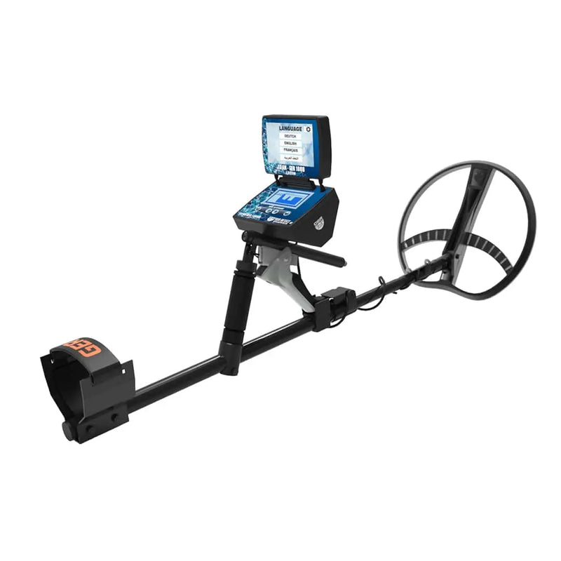 UIG Titan GER 1000 metal detector device for detecting precious metals and buried treasures, with control panel and search coil.
