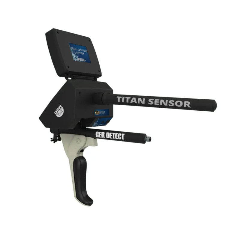 UIG Titan GER 1000 device for detecting precious metals and buried treasures, shown with control panel and search coil.