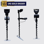 UIG Gold Digger device for detecting gold and precious metals, with a close-up view of the detector's control panel and search coil.