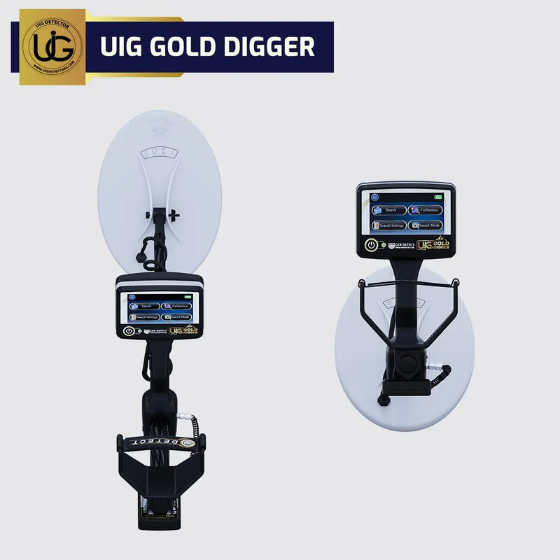 UIG Gold Digger device for detecting gold and precious metals, shown in a close-up image of the handheld detector.