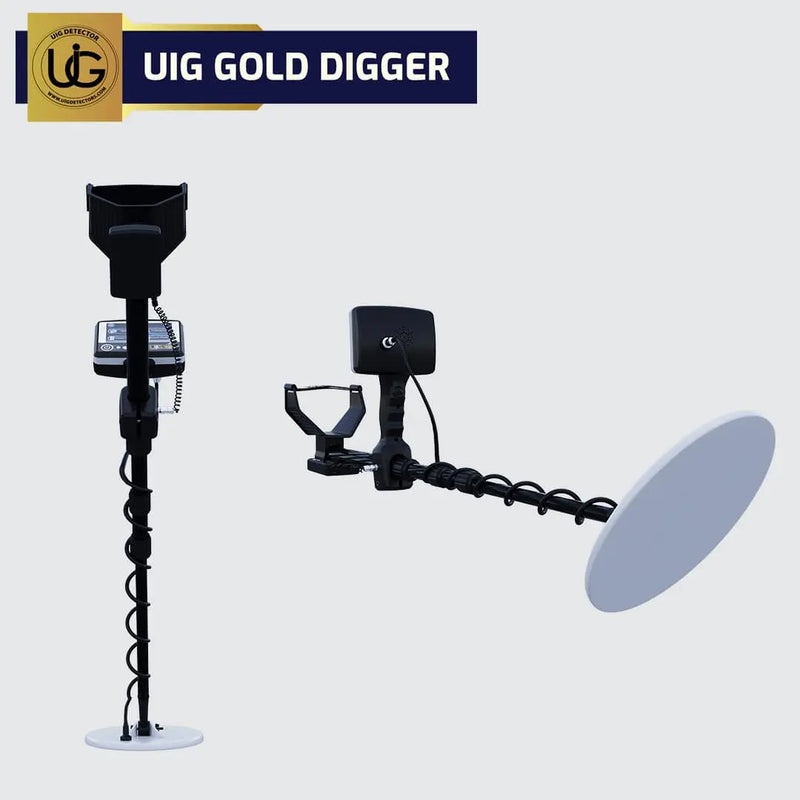 UIG Gold Digger device for detecting gold and precious metals, shown in a close-up with metal components and control panel.