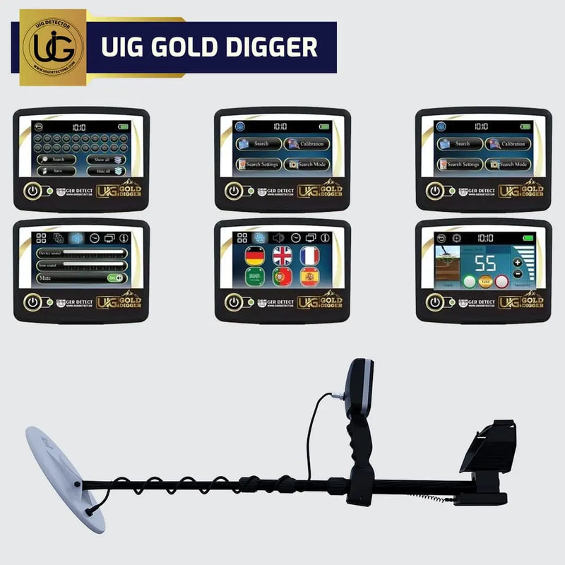 UIG Gold Digger device detecting gold and precious metals with a handheld metal detector and control panel.