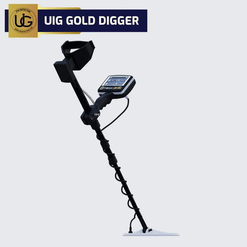 UIG Gold Digger device for detecting gold and precious metals, shown with its compact handheld design and metal sensor.