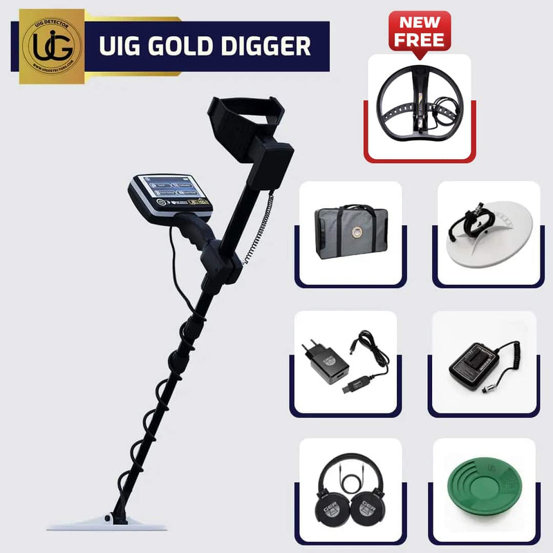 UIG Gold Digger device for detecting gold and precious metals, shown in a close-up with metallic components.