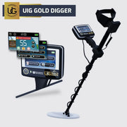 UIG Gold Digger device for detecting gold and precious metals, shown in a close-up image highlighting the detector's controls and build.